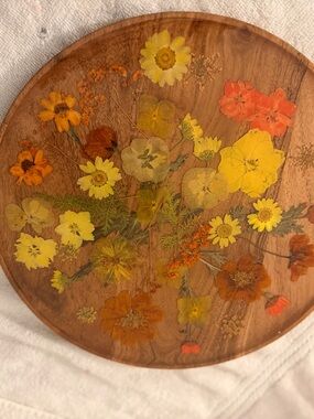 Handcrafted Pressed Flower Wood Tray – Yellow & Orange Floral Accent
